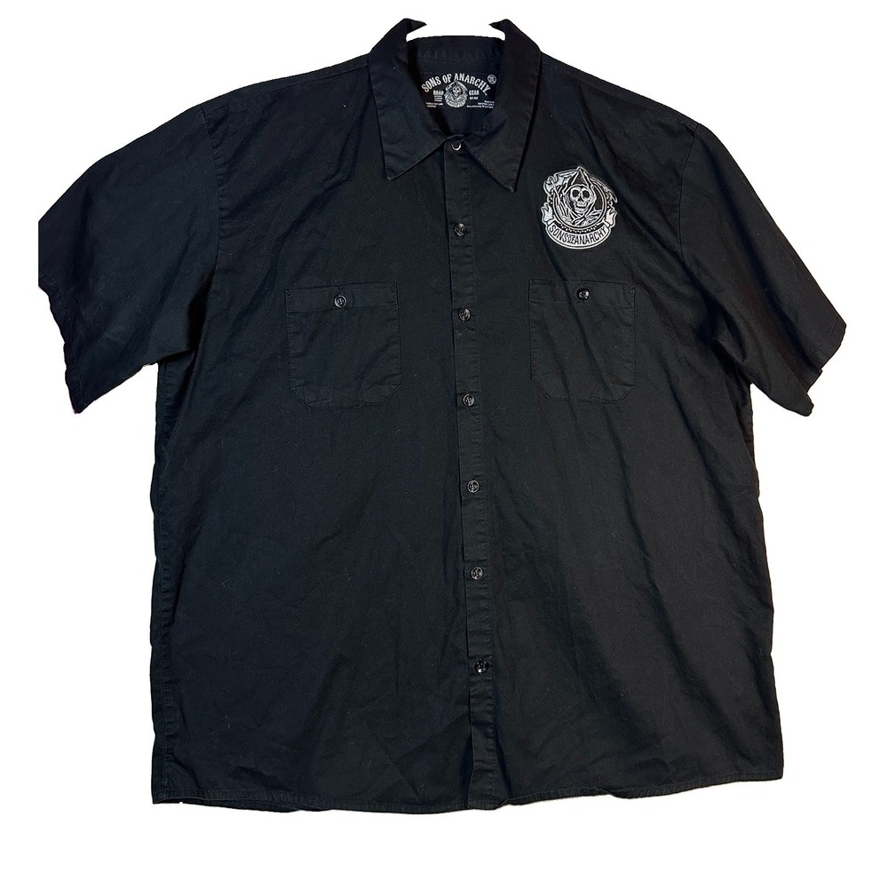 Sons of Anarchy Button Up Shirt Black Short Sleeve Biker Reaper Graphic 2XL